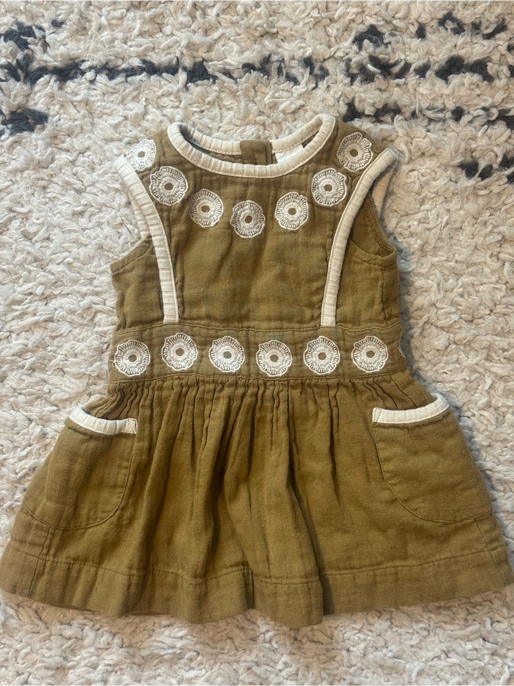 Kate Quinn Linen Blend Embroidered Dress | Olive Green | Pockets | 6–12M